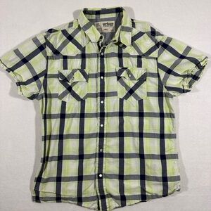 Urban Pipeline Y2K Men's Lime and Navy Plaid Pearl Snap Shirt Size L EUC